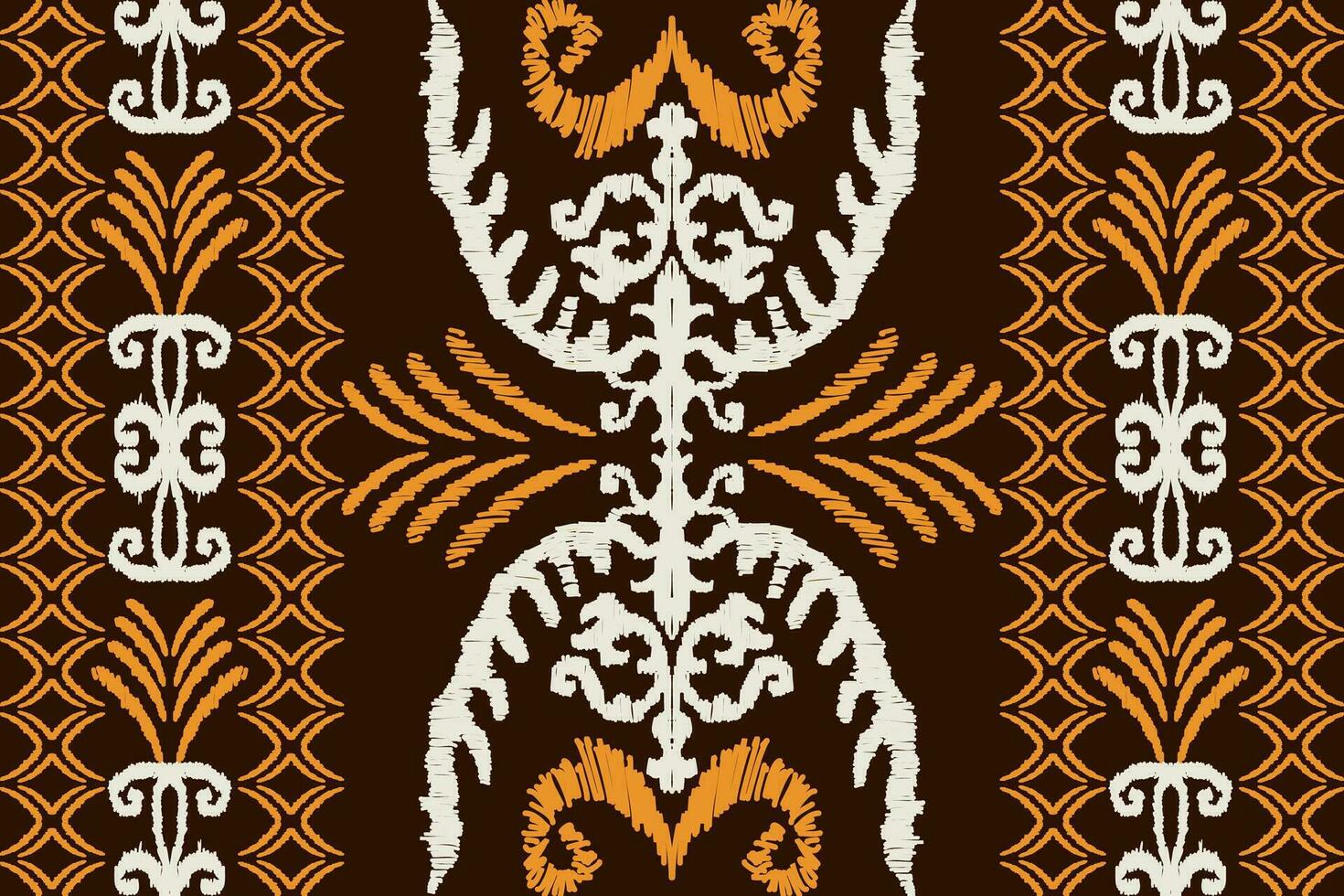 abstract ikat art  seamless pattern  folk embroidery  on a brown background  aztec geometric art print design for rugs, wallpapers, clothing, wraps, fabrics, covers, textiles vector