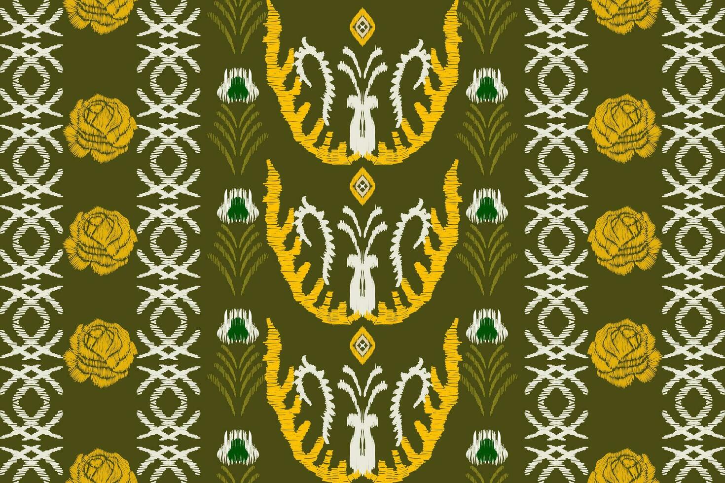 Seamless ikat repeats modern handmade batik design.  On a green background, vintage style. vector