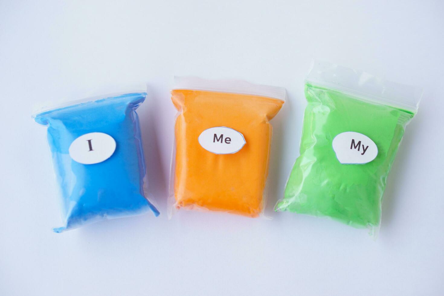 Blue, orange and green bags with words I, Me, My. Concept, English  language grammar teaching materials. Pronouns. Educational aid for kids. Remembering games with colors. photo