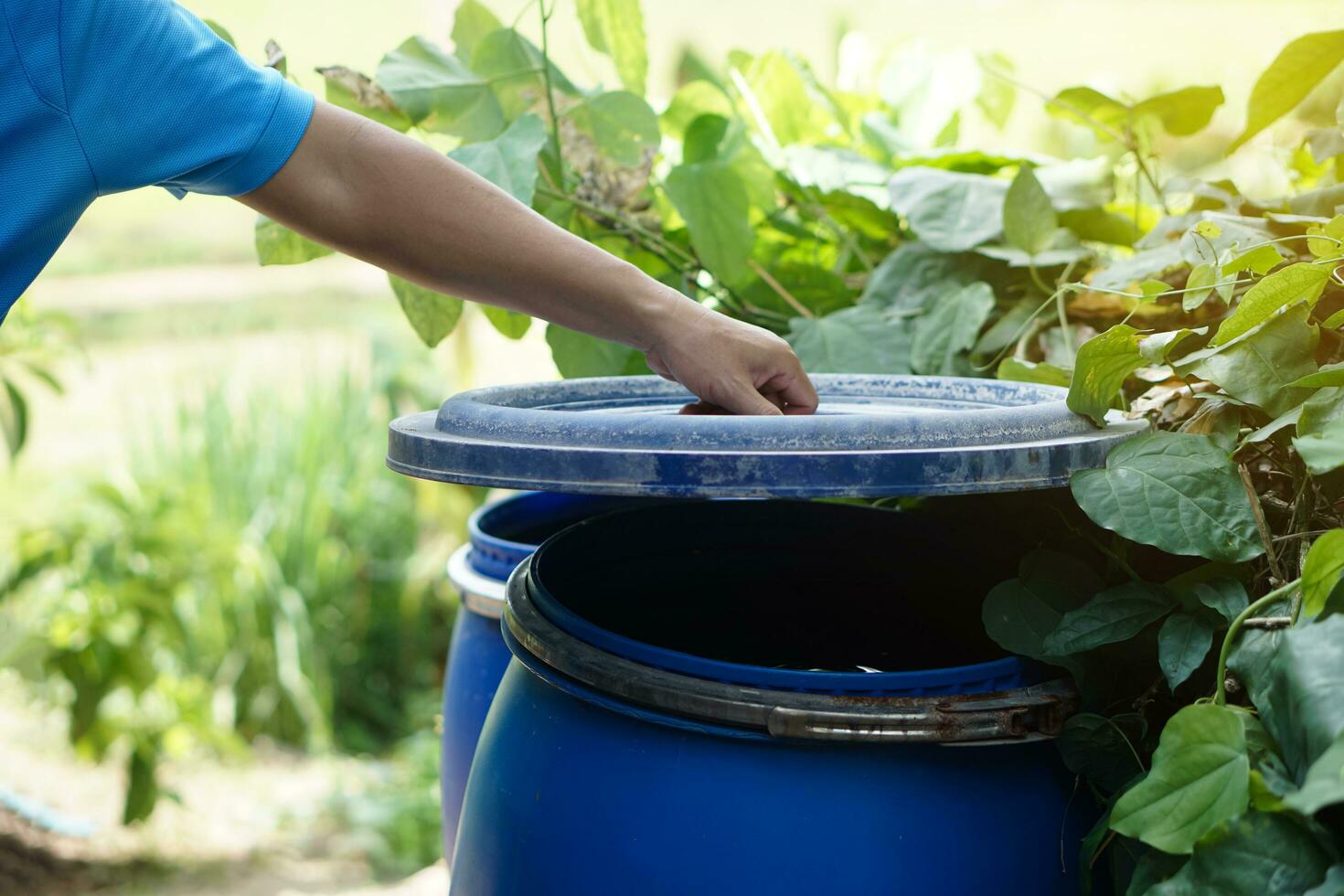 de cerca mano sostener tapa a cubrir agua Cubeta a proteger desde mosquito a raza dentro o otro insectos o polvo Vamos dentro agua. concepto, Campaña a detener mosquitos ciclo a laico huevos en agua envase foto