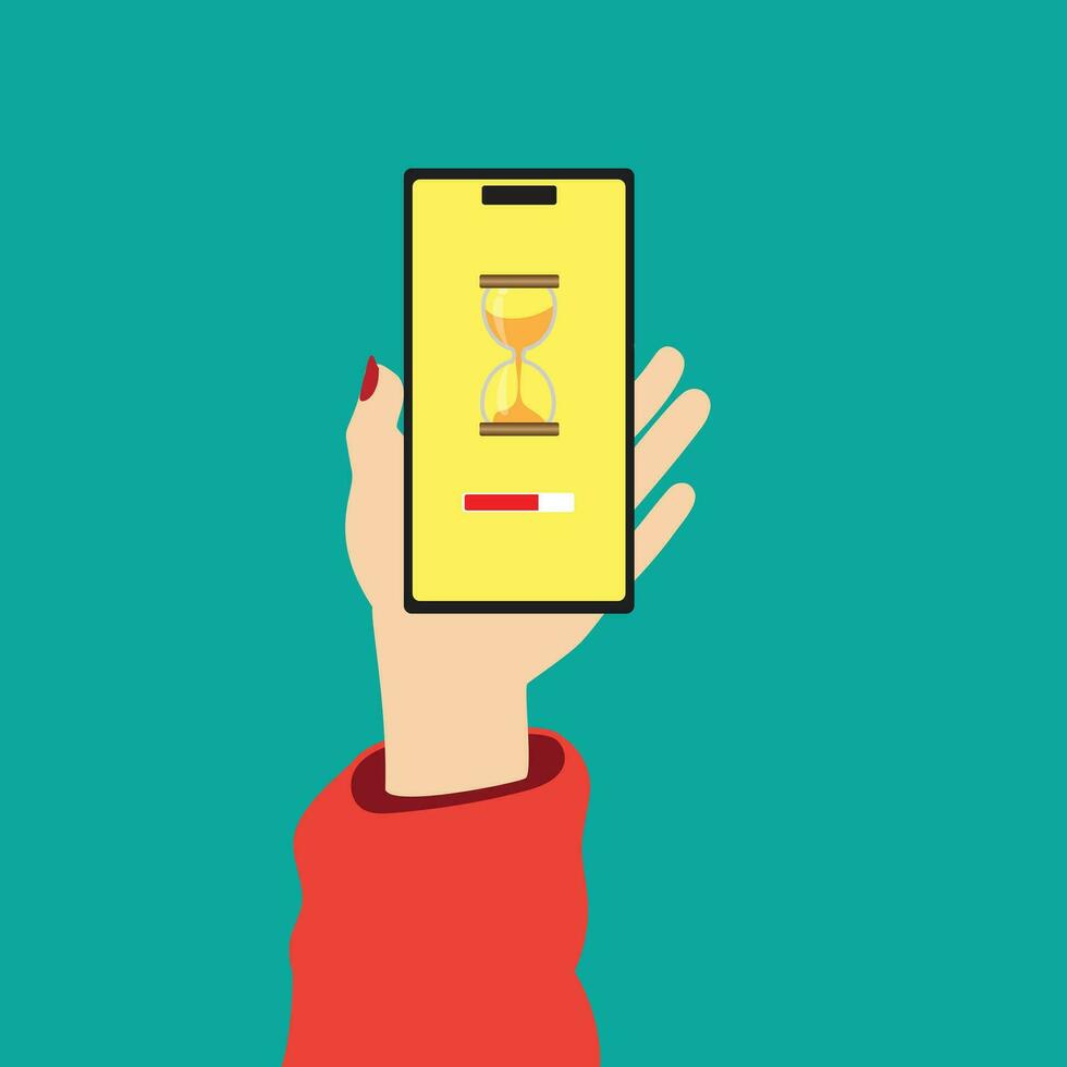 Mobile Phone Hourglass Countdown Clock in hand on green background. vector