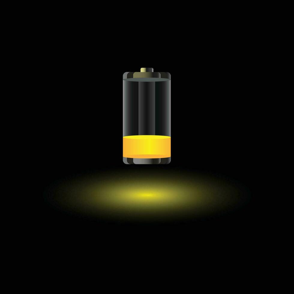 Discharged empty battery glowing with yellow light charging status indicator isolated on black background. Realistic glass power battery. 3d vector illustration.