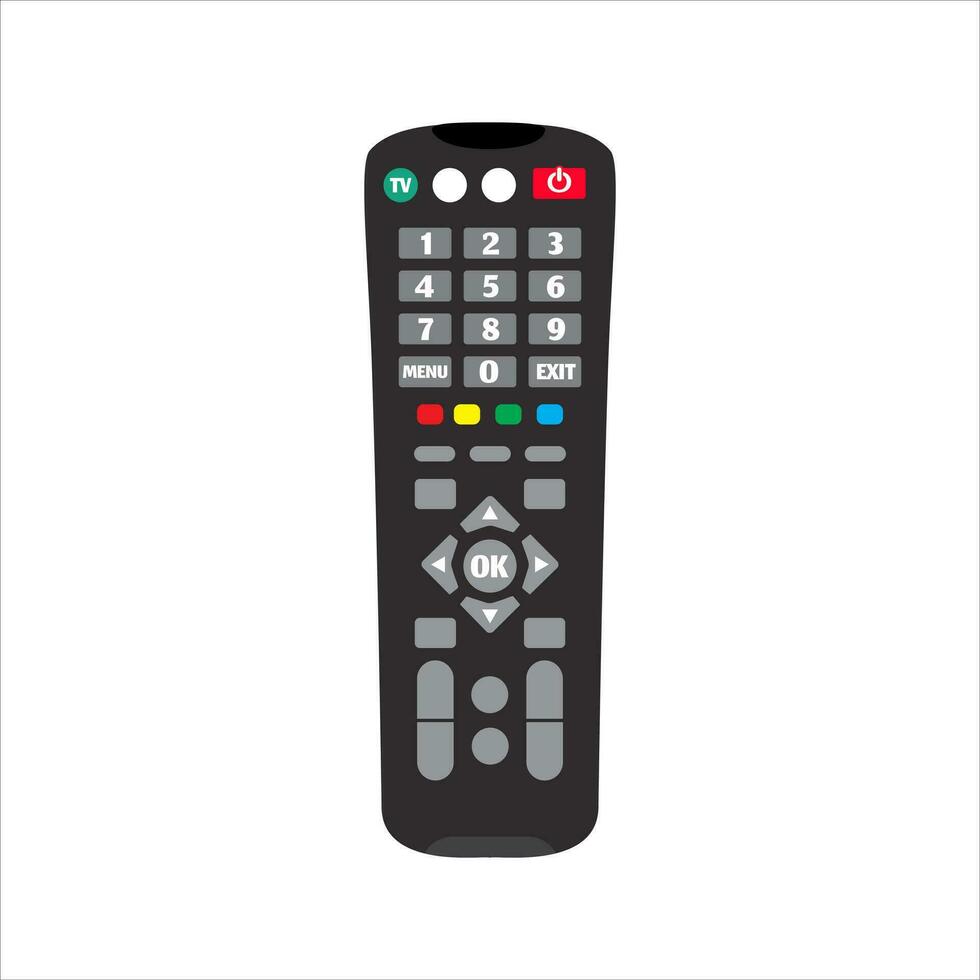 TV remote control device isolated on white background Television technology channel surfing equipment with icon buttons Technology Telecommunication Keyboard. Vector illustration.