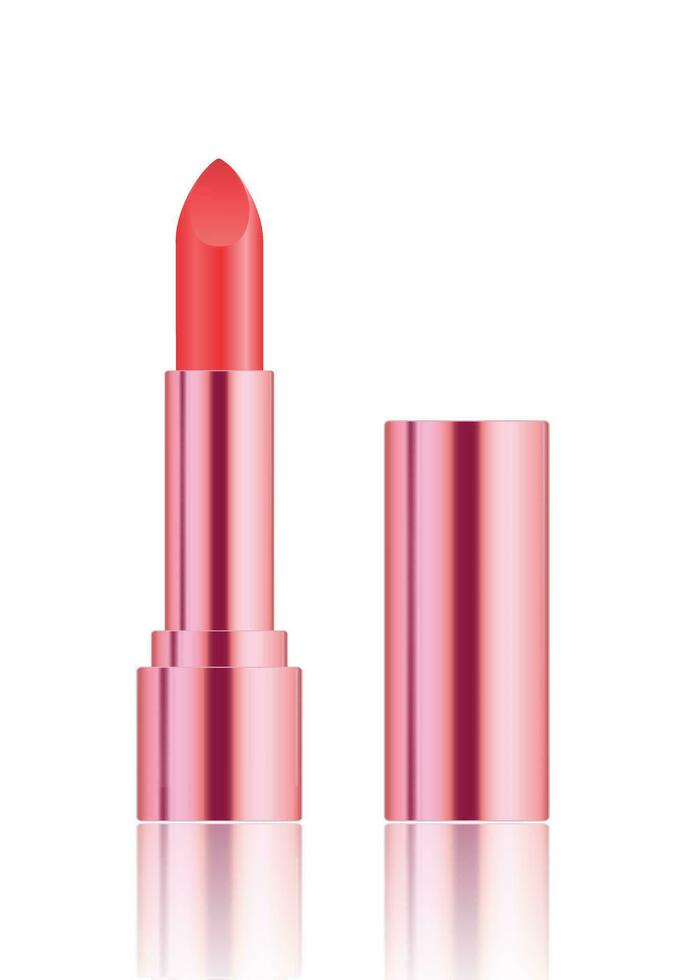 Bosquejo de realista ligero rojo lápiz labial. decorativo cosmético producto para hermosa lustroso labio. maquillaje labio brillo en palo rosado Rosa color. blanco modelo de envase - vector ilustración.