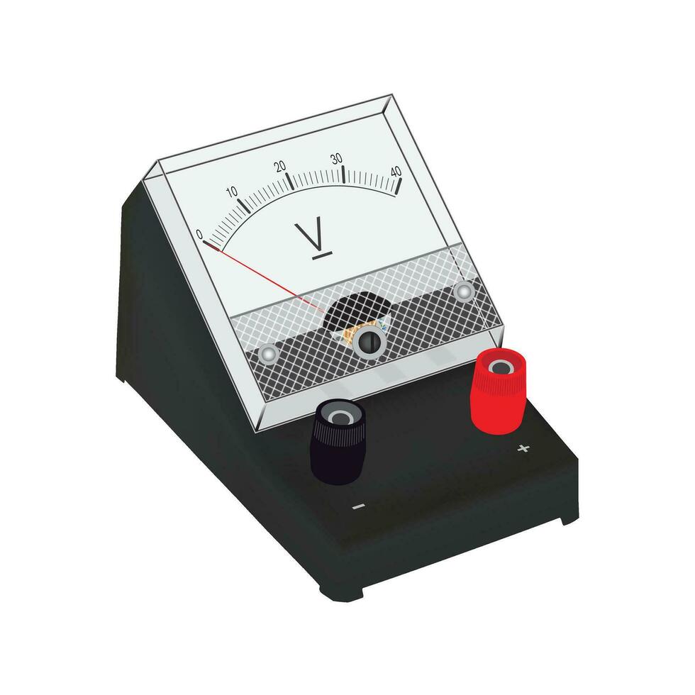 voltage measuring equipment, electronics appliance, voltage, analog meter, electric meter, current direction, kvl, kcl, physics lab, science lab, voltmeter isometric view flat design illustration. vector