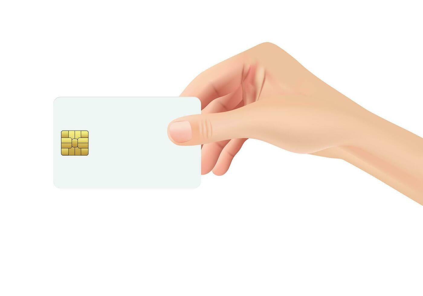 Plastic card in hand on white background. Businessman holding financial banking debit card people nfs paying vector realistic illustrations EPS 10.