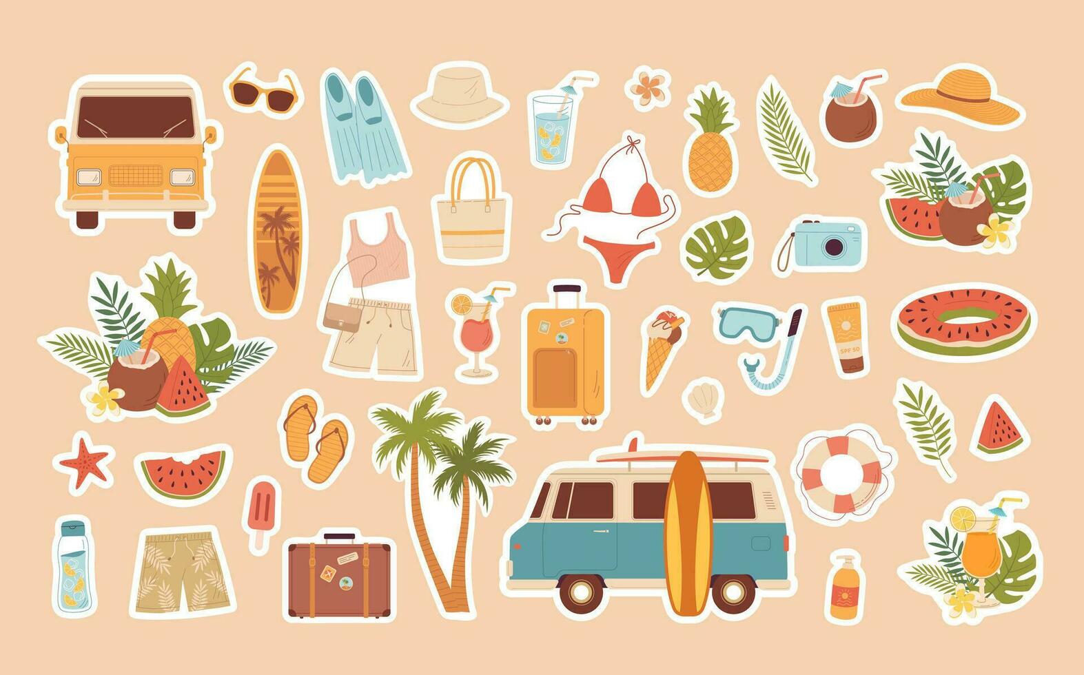 Retro summer holidays stickers set for daily planner, scarpbooking. Cartoon flat vector illustration. Sport beach activity, swimwear, baggage, ice cream, mini van, surfboard, fruits and drink