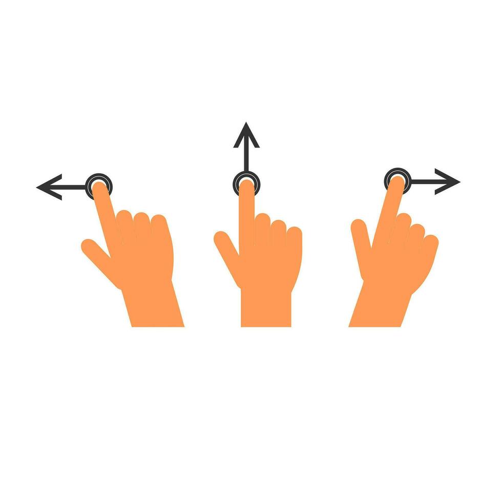 three hands pointing to a button with an arrow pointing to the left vector