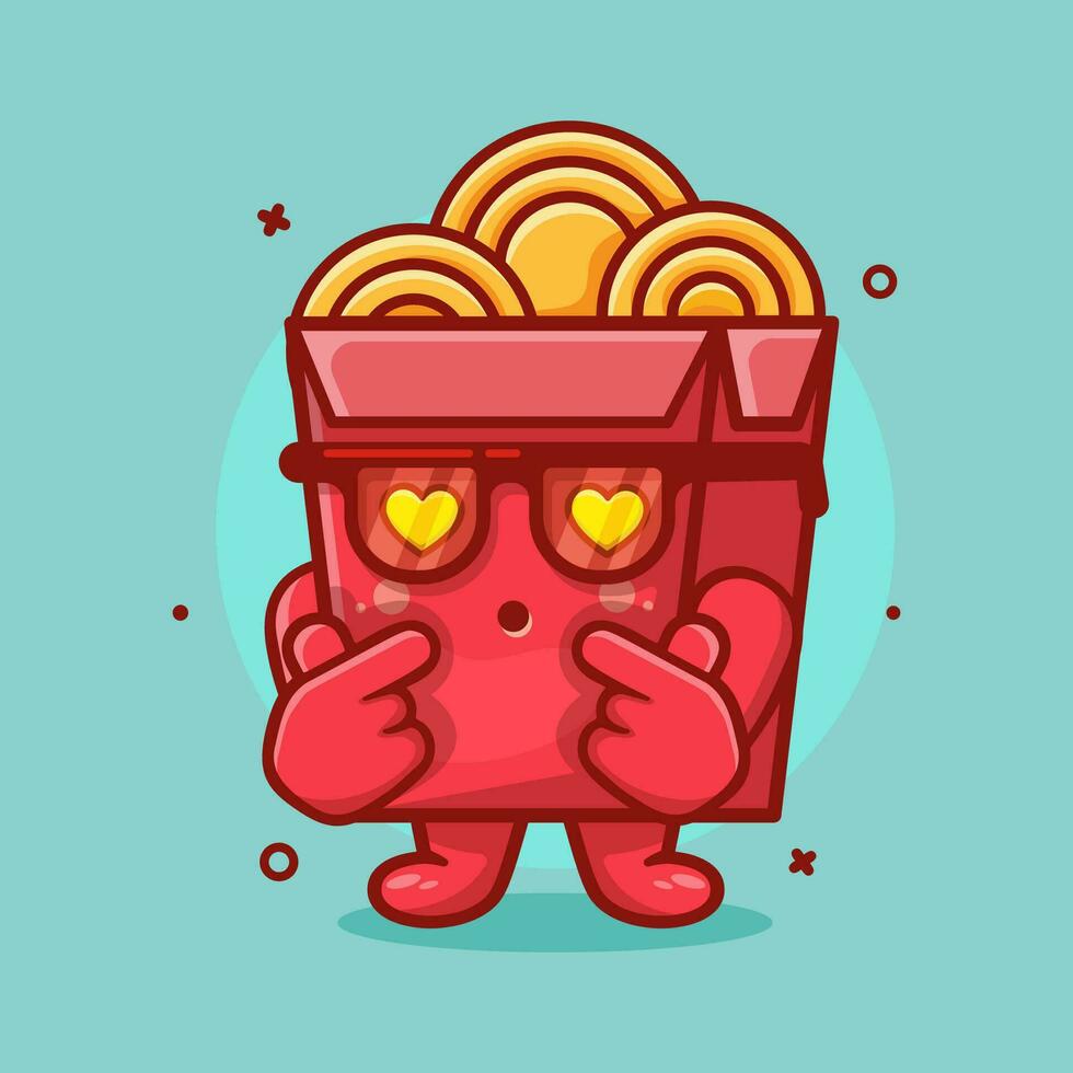 kawaii noodle box character mascot with love sign hand isolated cartoon in flat style design vector