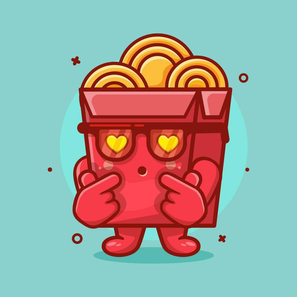 kawaii fideos caja personaje mascota con amor firmar mano aislado dibujos animados en plano estilo diseño vector