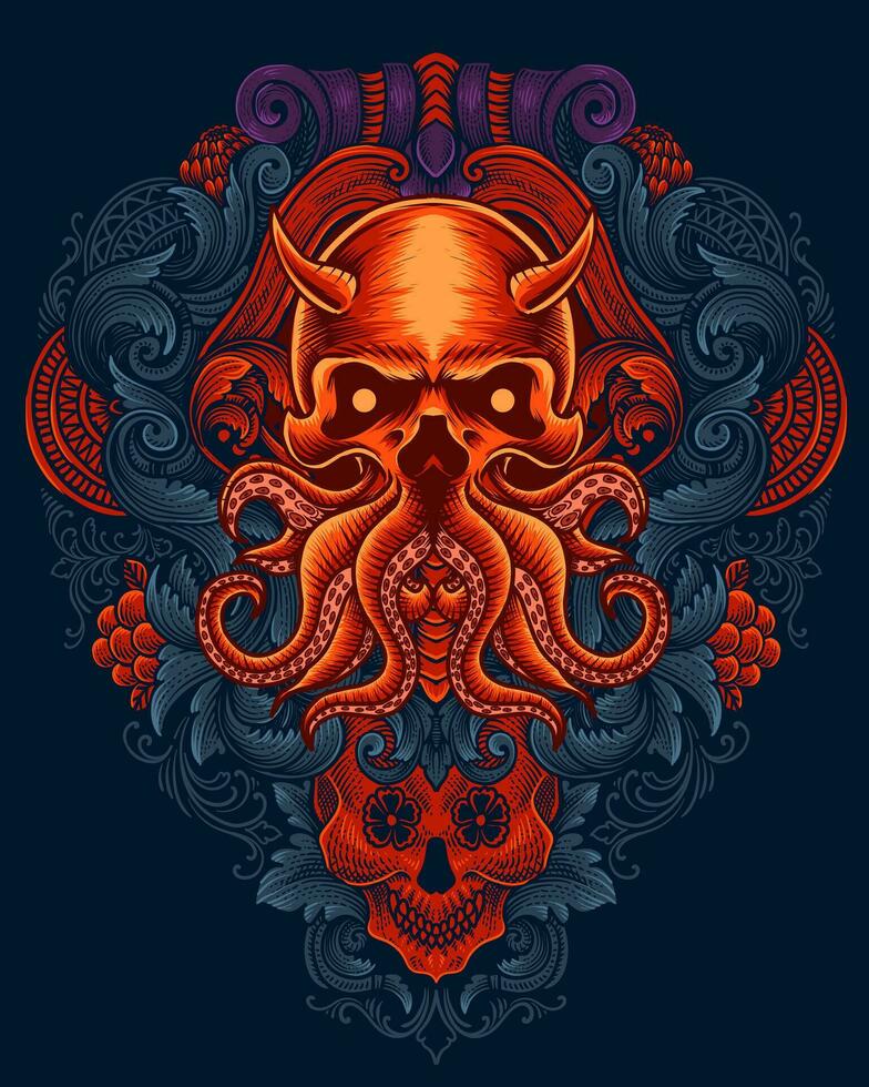 Skull octopus with vintage engraving style vector