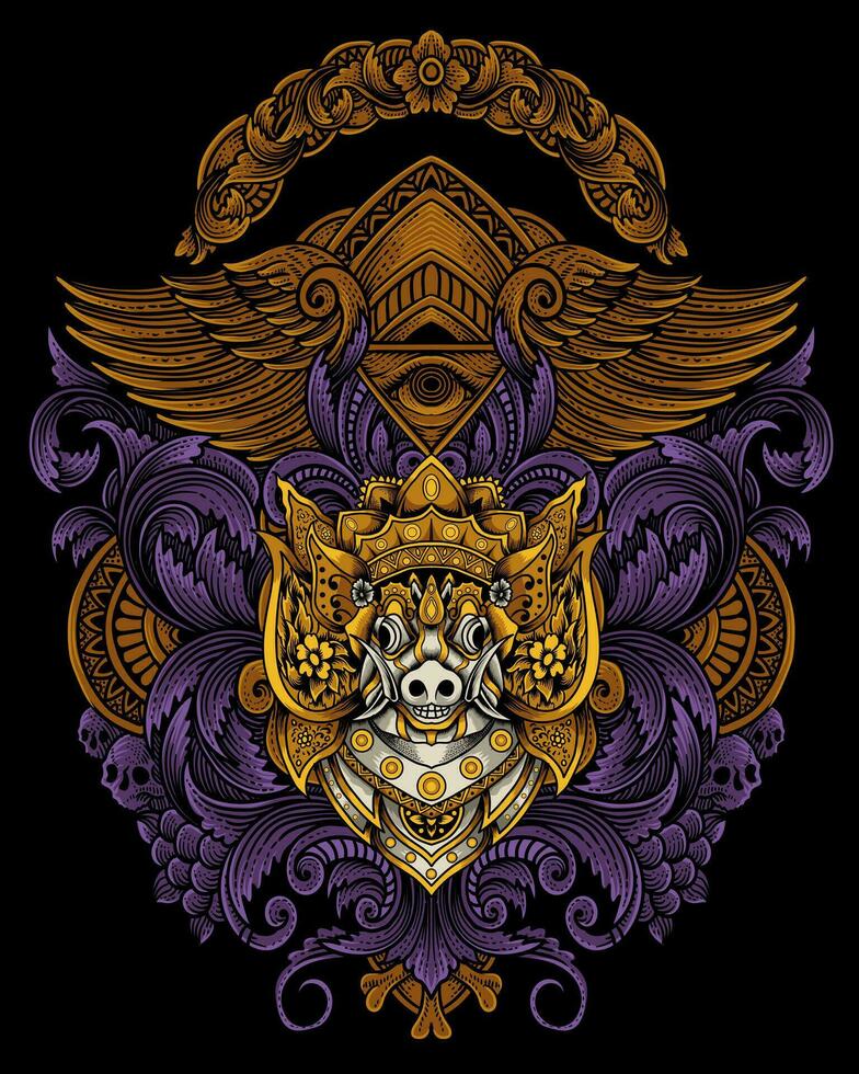Barong bangkung mask balinese cultural with vintage engraving ornament vector