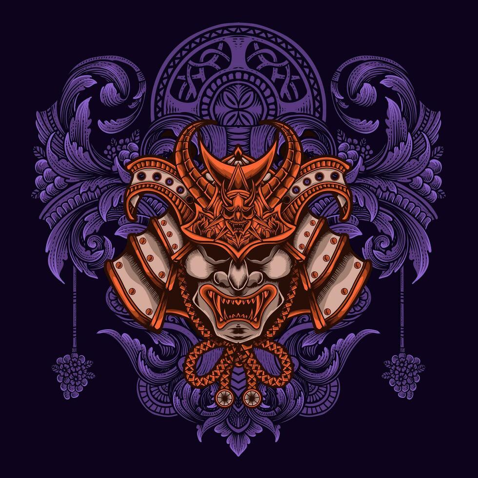 Samurai head with antique engraving ornament style vector