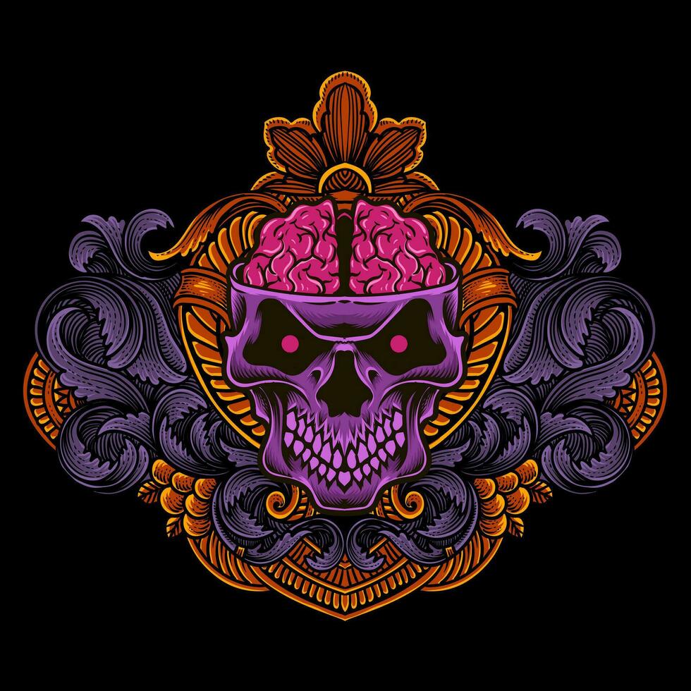 Skull brain with vintage engraving ornament vector