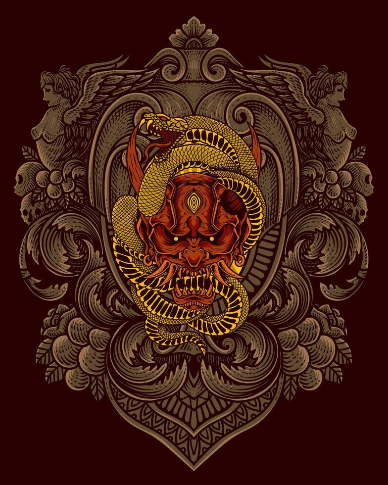 Demon mask with snake engraving style vector