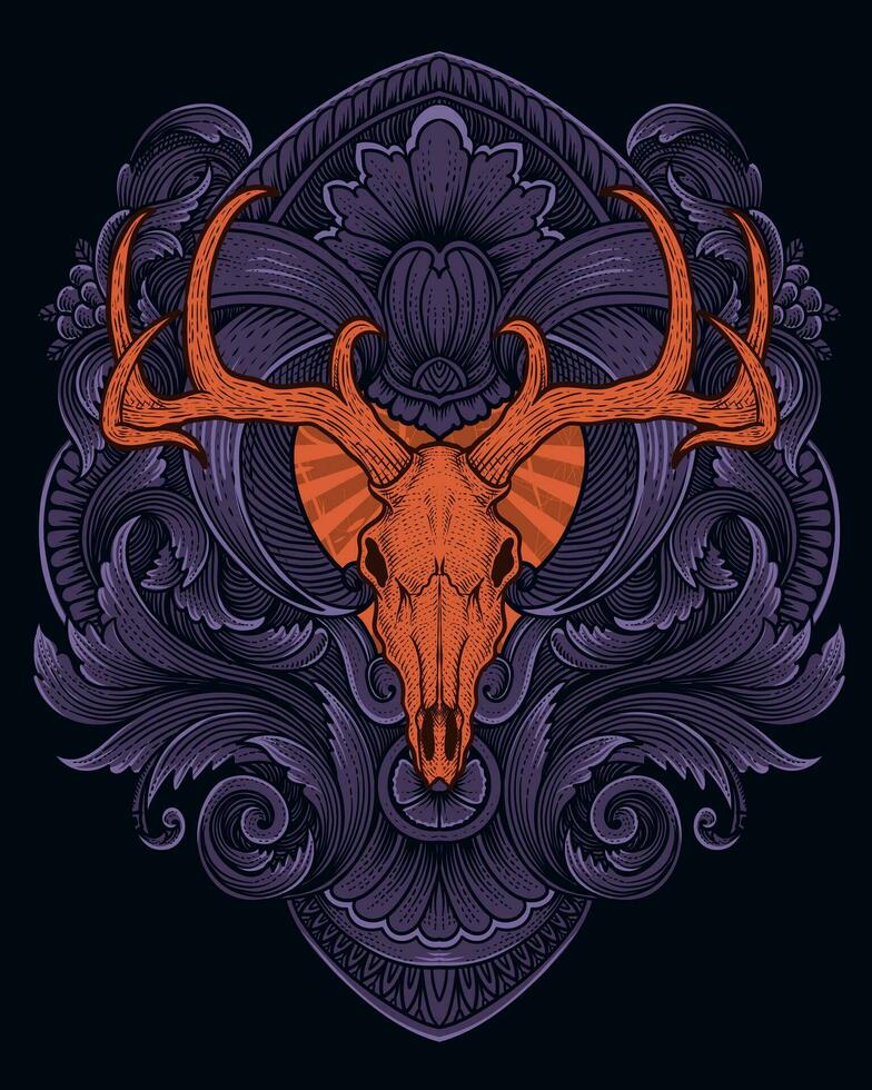 Deer skull with antique engraving ornament background vector