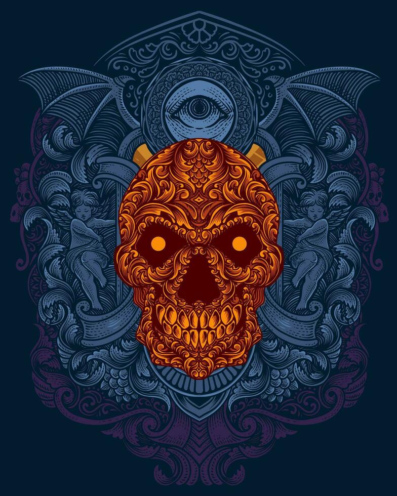 Skull head ornament style with Two baby demon engraving style vector