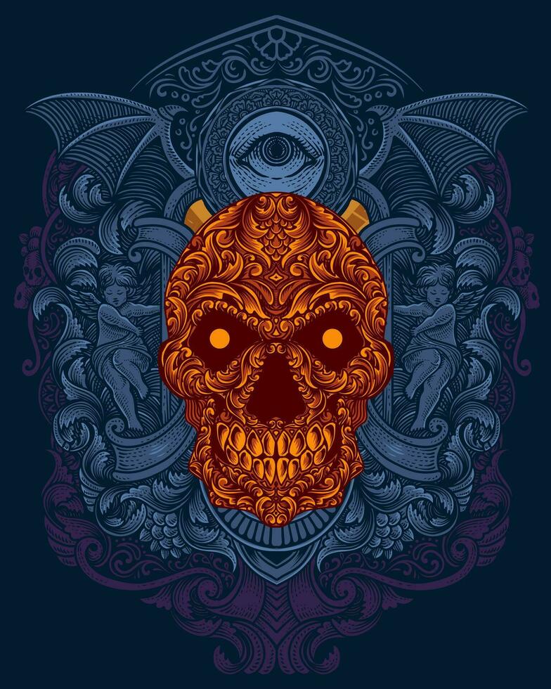 cráneo cabeza ornamento estilo con dos bebé demonio grabado estilo vector