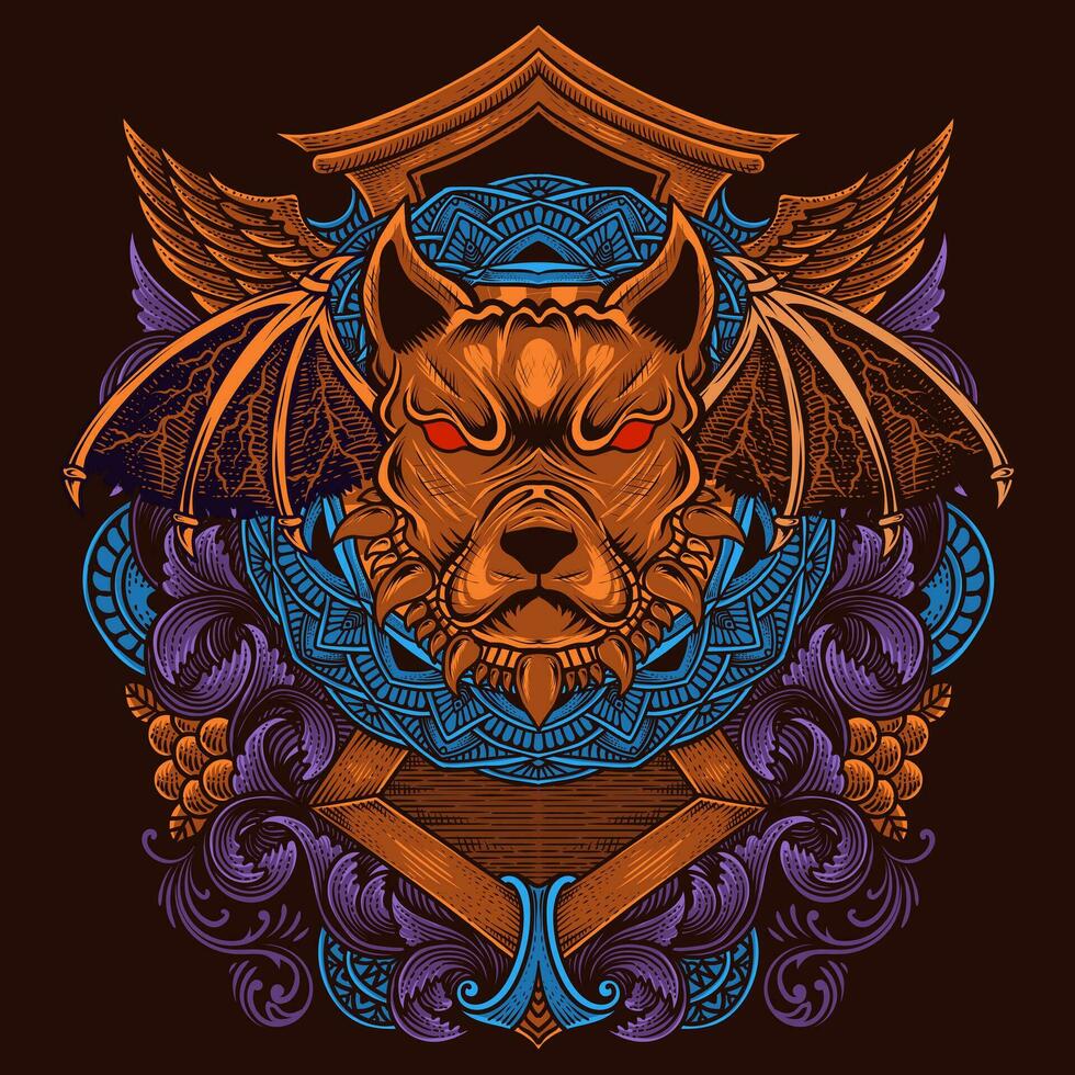 demonio perro con antiguo grabado ornamento vector