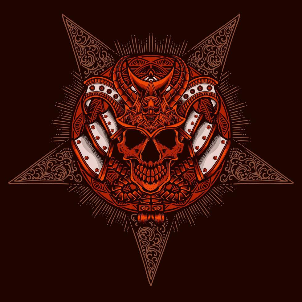 Samurai head with antique engraving ornament style vector