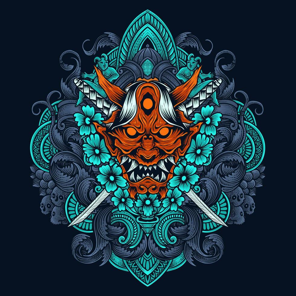 Oni mask with two sword and flower vector