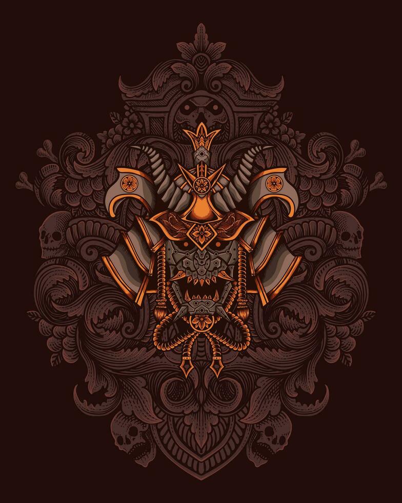 samurai cabeza con antiguo grabado ornamento estilo vector