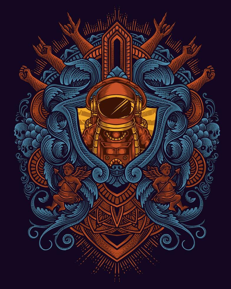 Astronaut on vintage engraving ornament frame vector