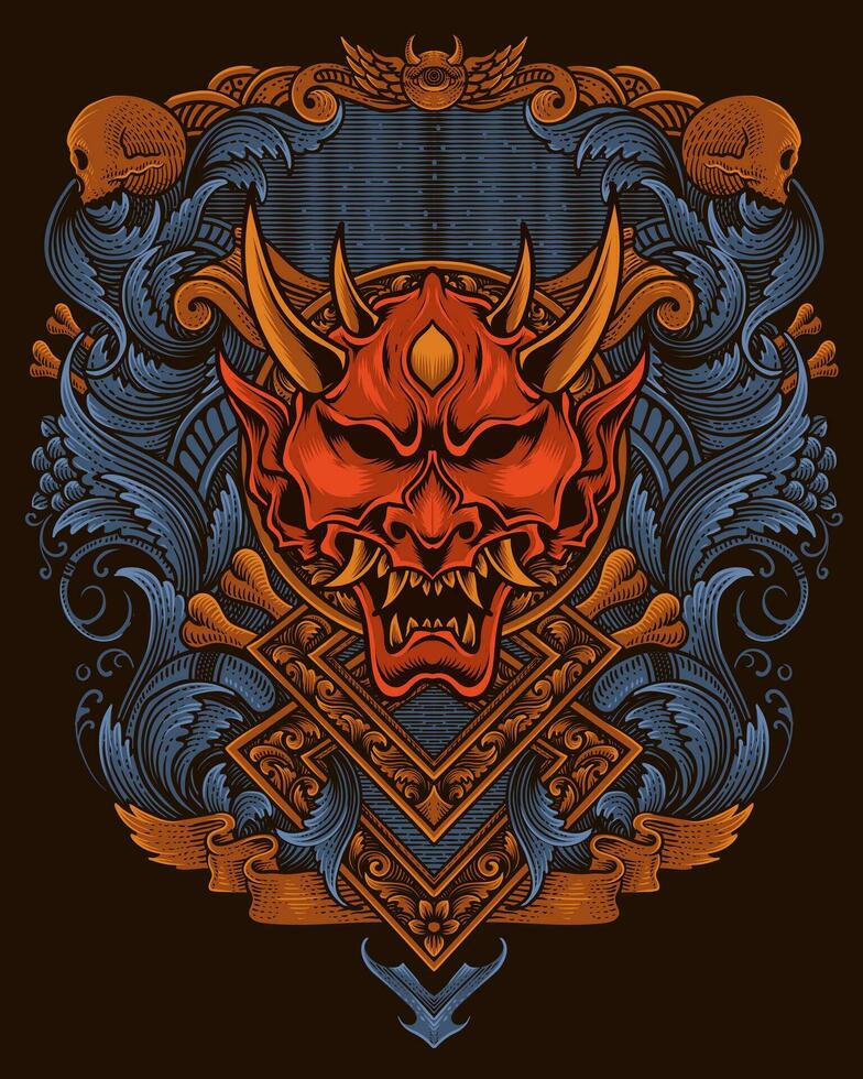 Demon mask with two sword and flower vector