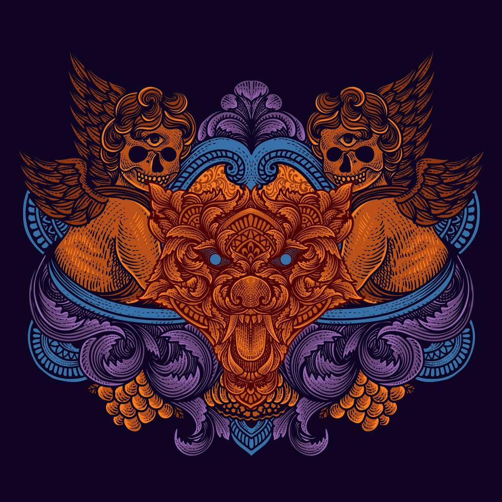 Wolf head tribal style with two angel skull antique engraving style vector
