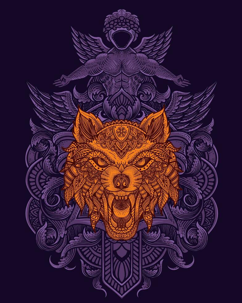 lobo cabeza tribal estilo con antiguo grabado ornamento vector