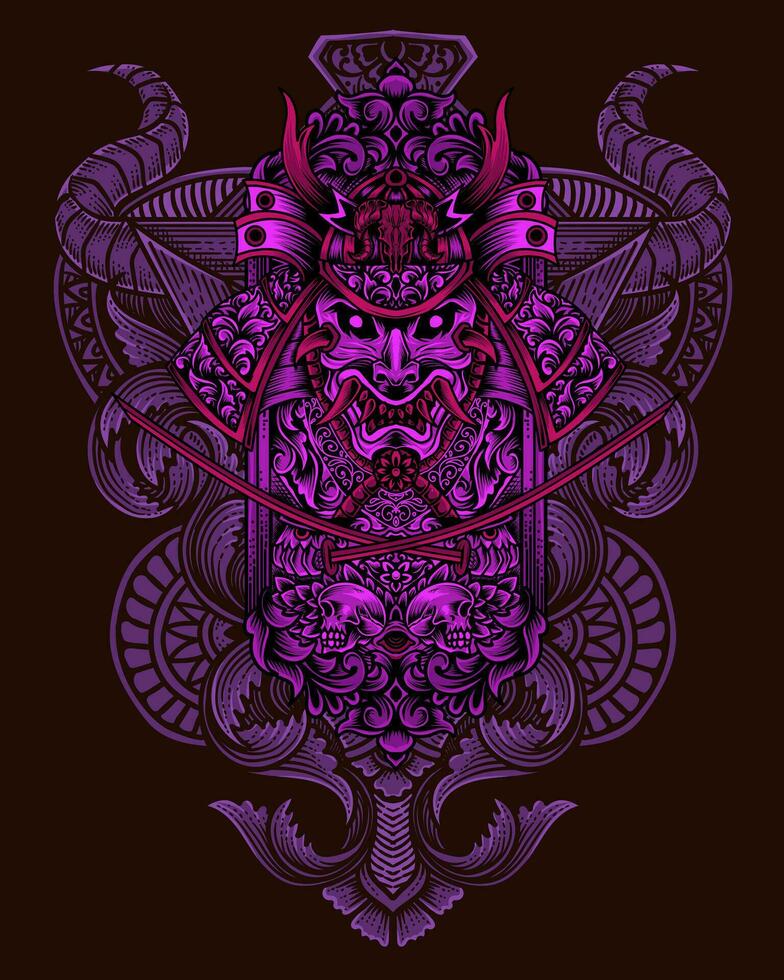 Samurai head with antique engraving ornament style vector