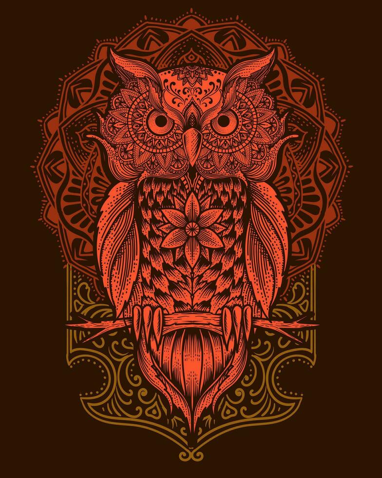 Owl bird mandala style with antique engraving ornament vector
