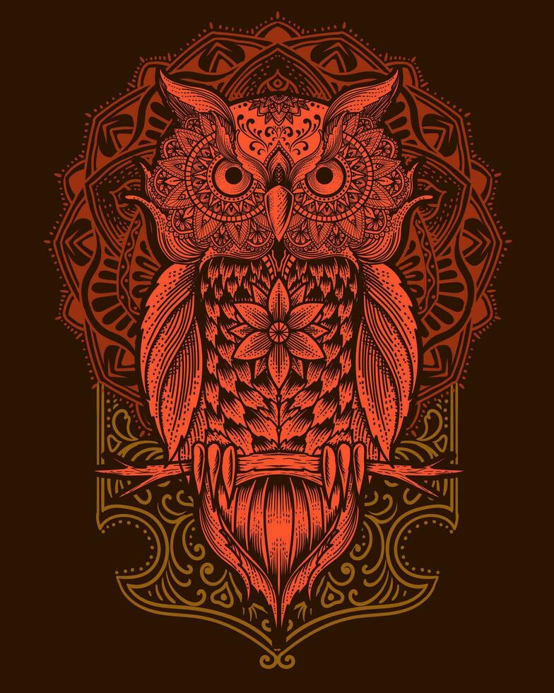 Owl bird mandala style with antique engraving ornament vector