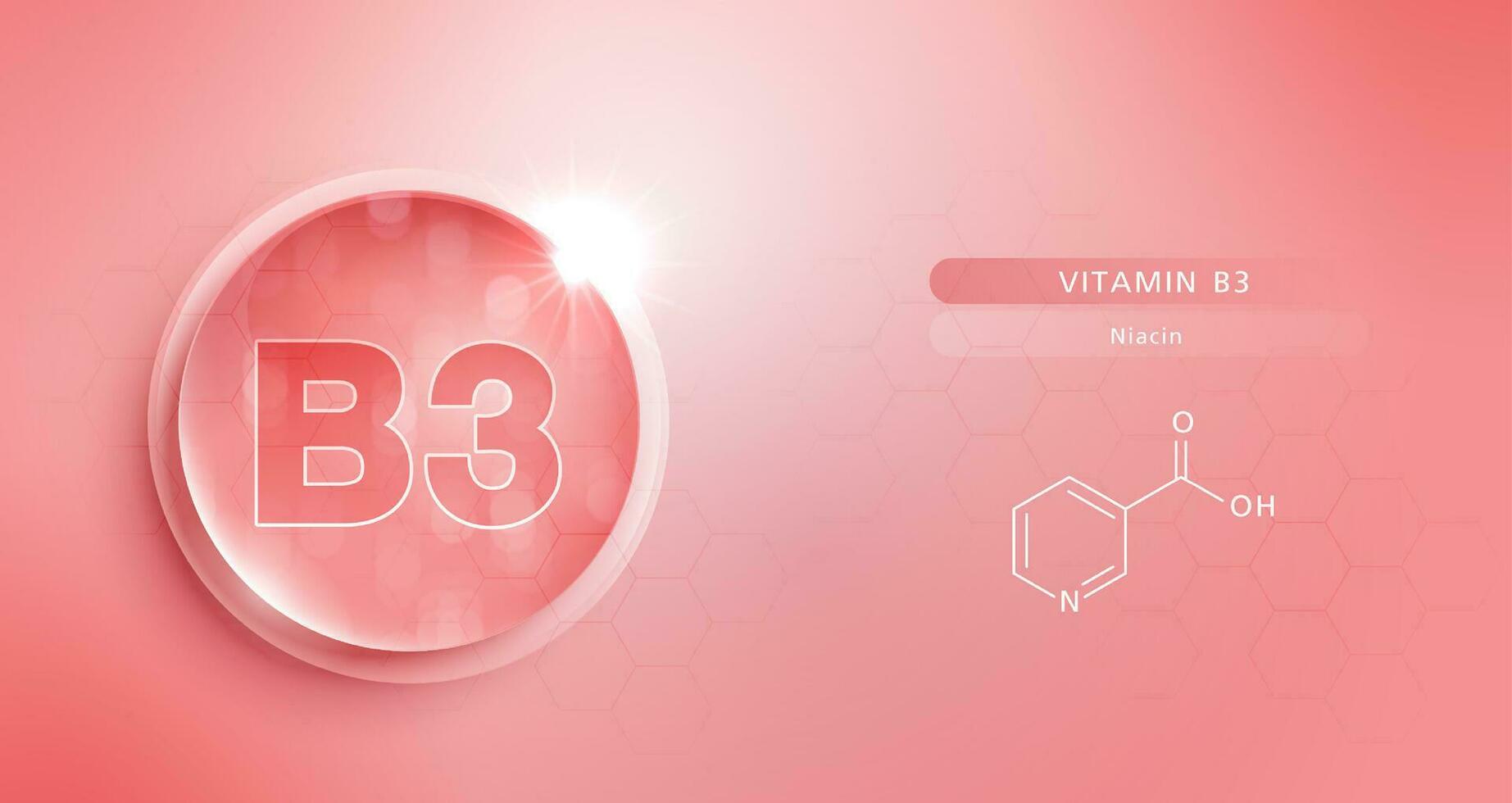 soltar agua vitamina b3 rojo y estructura. vitamina solución complejo con químico fórmula desde naturaleza. belleza tratamiento nutrición piel cuidado diseño. médico y científico conceptos para cosmético. vector. vector