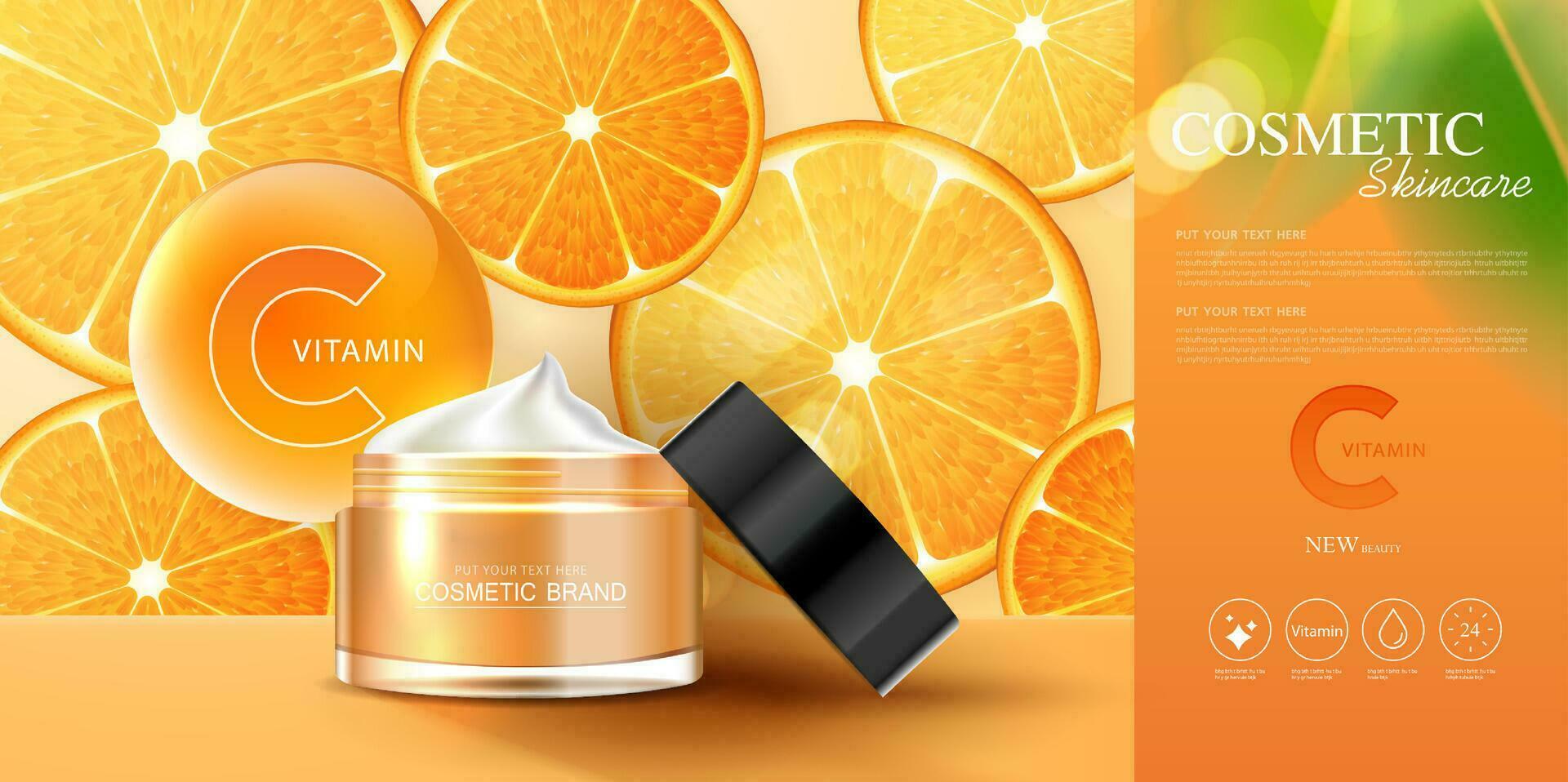 productos cosméticos vitamina C o piel cuidado producto anuncios con botella, realista paquete Bosquejo. bandera anuncio para belleza productos y naranja antecedentes. vector diseño.