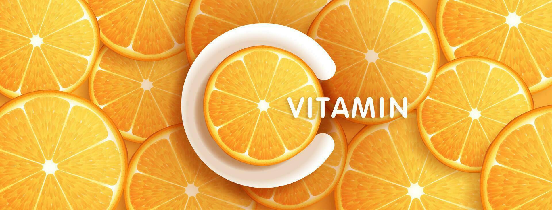 soltar agua vitamina C naranja y estructura. vitamina solución complejo con químico fórmula desde naturaleza. belleza tratamiento nutrición piel cuidado diseño. médico y científico conceptos para cosmético. vector