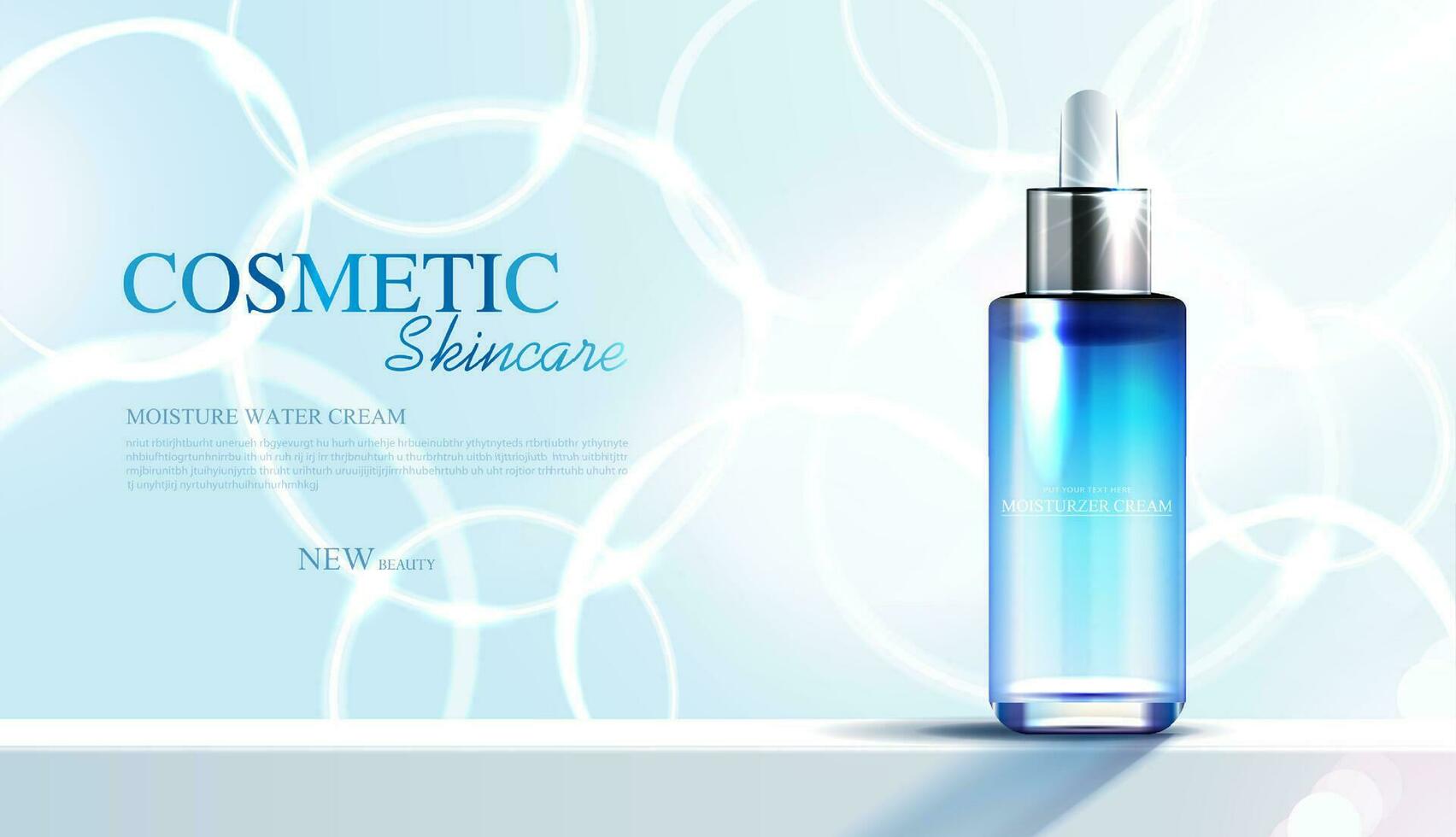 Moisture skincare product ads with watery water to moisturize the face. bottle and realistic package mockup. banner ad for beauty products and blue background. cosmetic vector design.