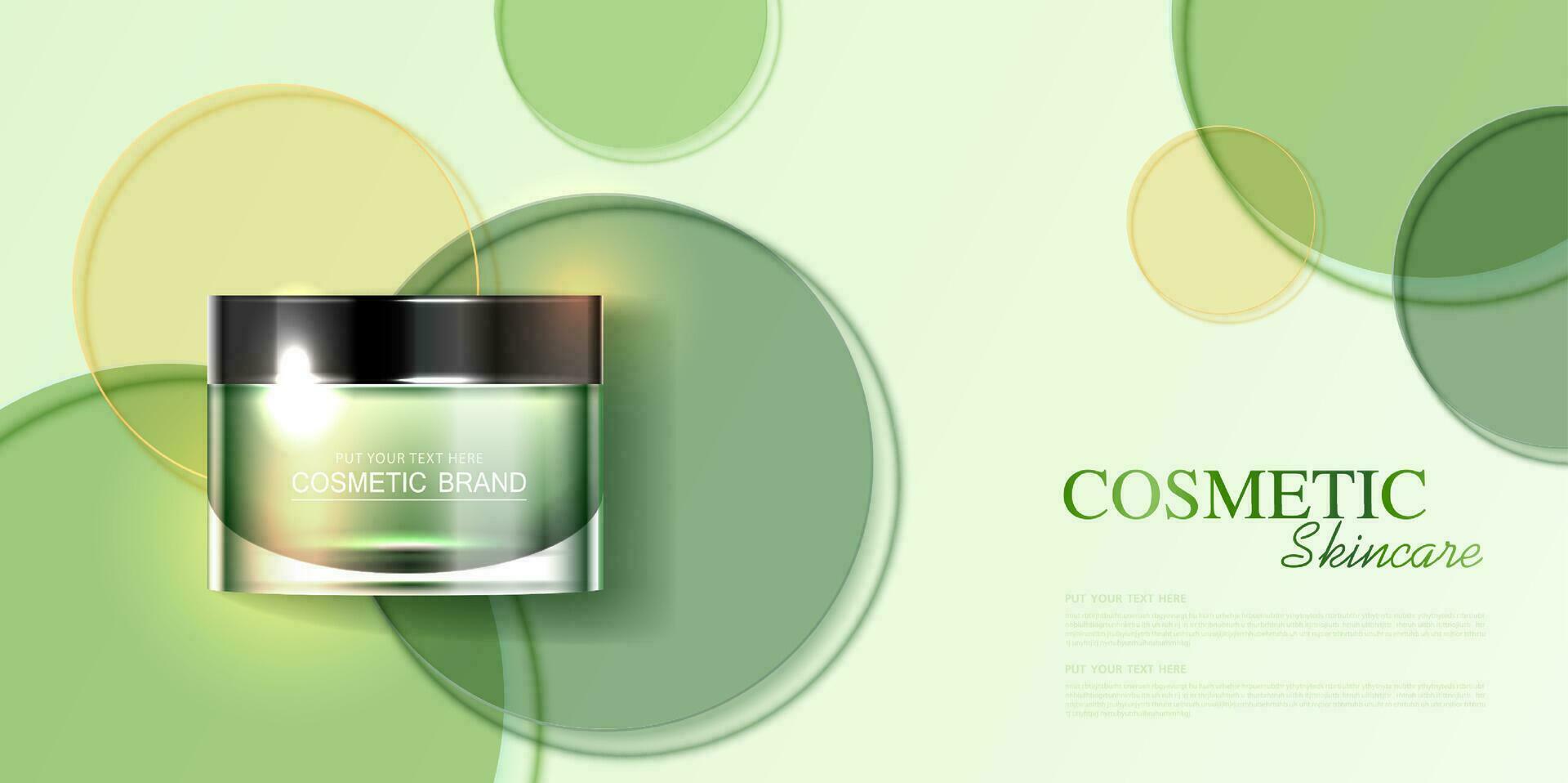 refrescante productos cosméticos o piel cuidado producto anuncios con botella, bandera anuncio para belleza productos, circular vaso discos para embalaje presentación en verde antecedentes. vector diseño.