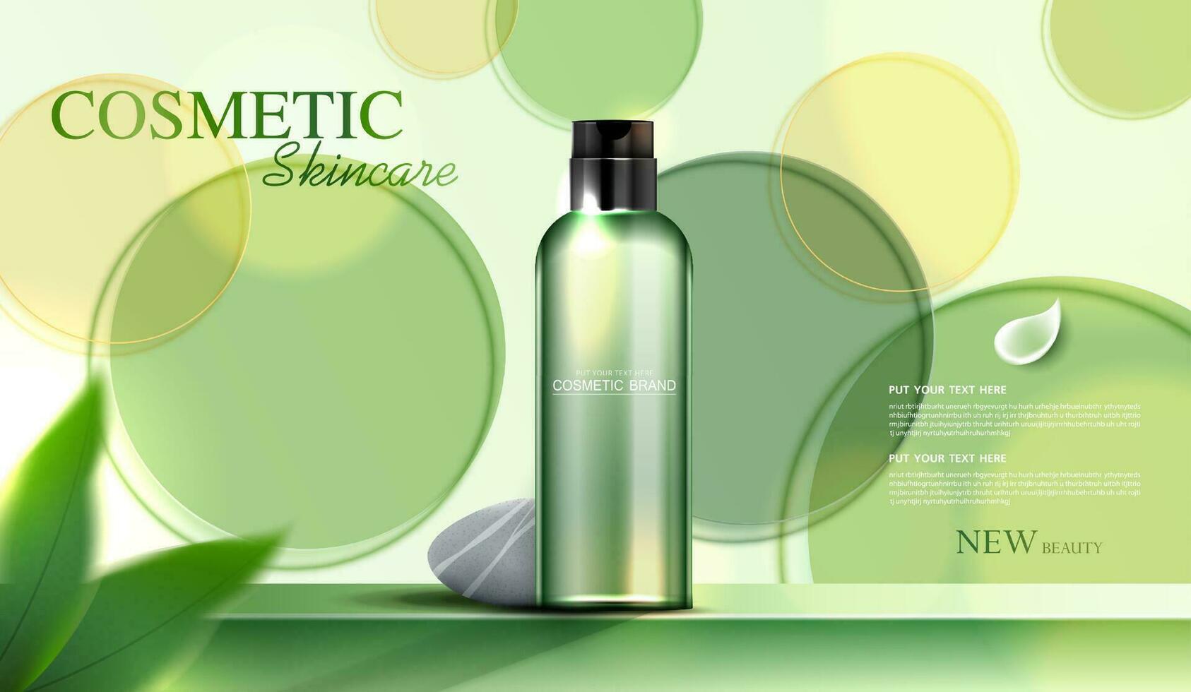 Refreshing cosmetics or skin care product ads with bottle, banner ad for beauty products, circular glass disks for packaging presentation on green background. vector design.