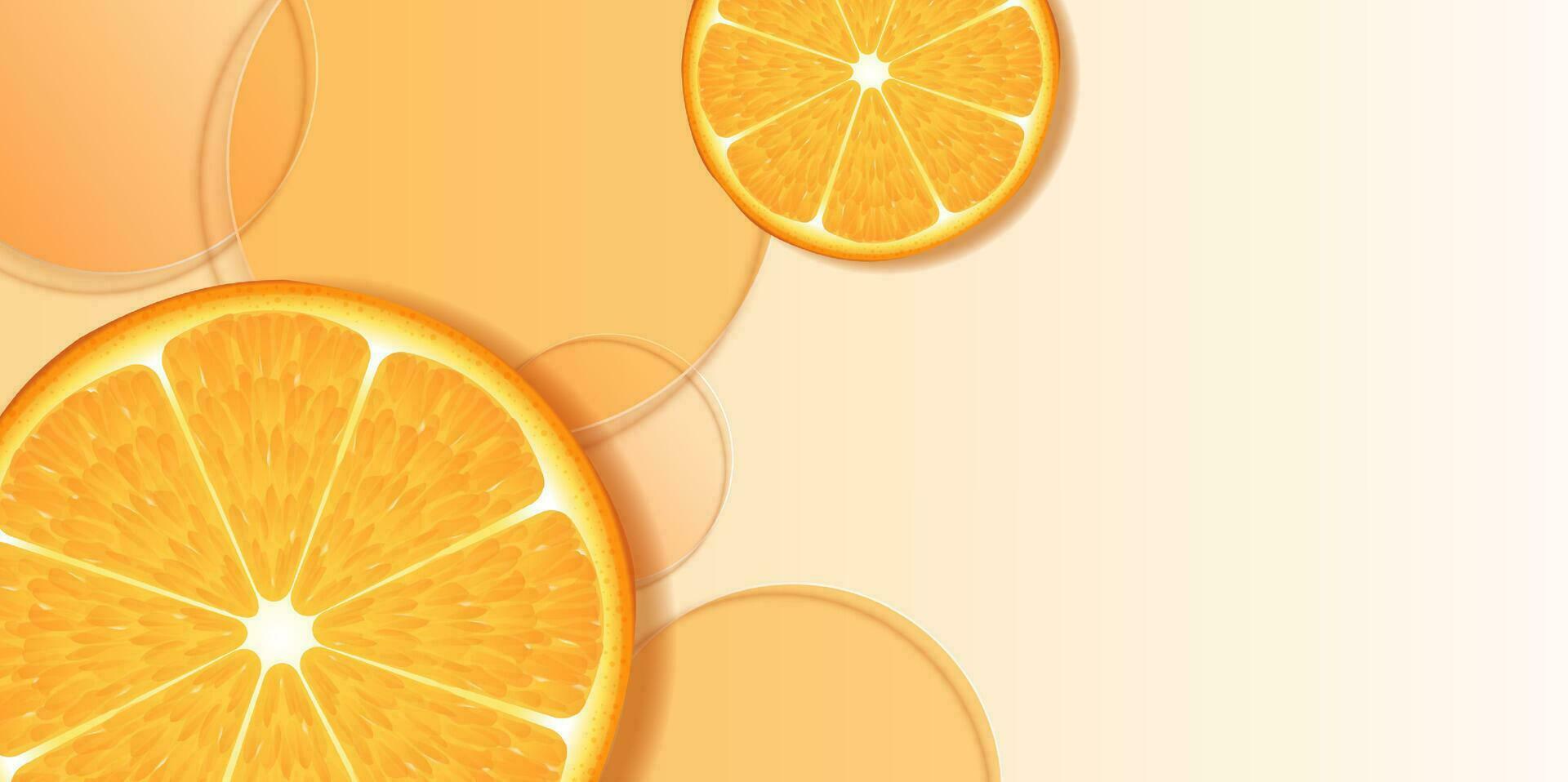 soltar agua vitamina C naranja y estructura. vitamina solución complejo con químico fórmula desde naturaleza. belleza tratamiento nutrición piel cuidado diseño. médico y científico conceptos para cosmético. vector