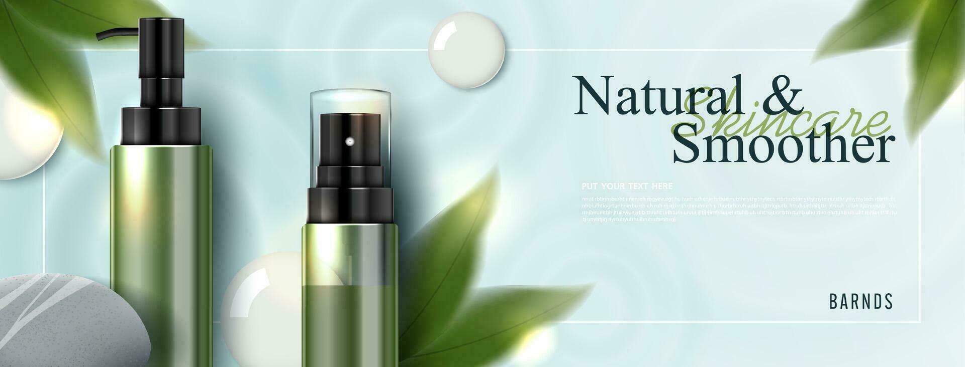 Moisture and refreshing vitamin E skincare product ads with watery water to moisturize the face. bottle and realistic package mockup. banner ad for beauty products and blue background. cosmetic vector