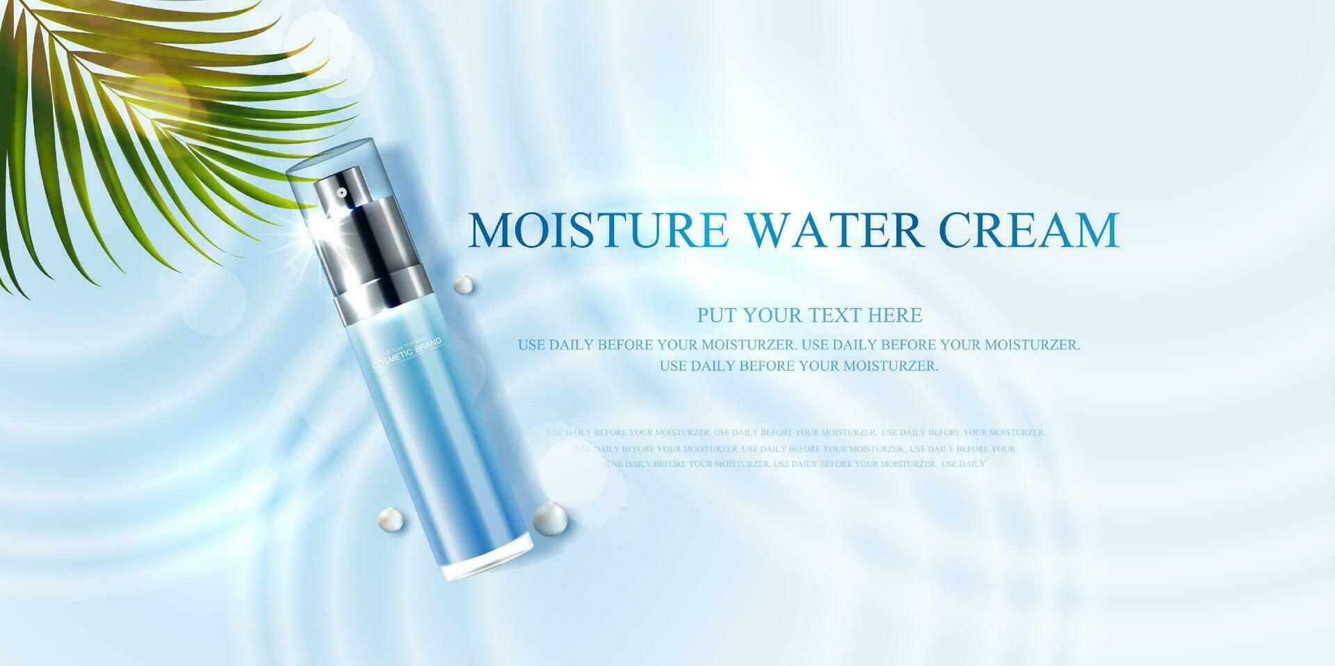 Moisture skincare product ads with watery water to moisturize the face. bottle and realistic package mockup. banner ad for beauty products and blue background. cosmetic vector design.