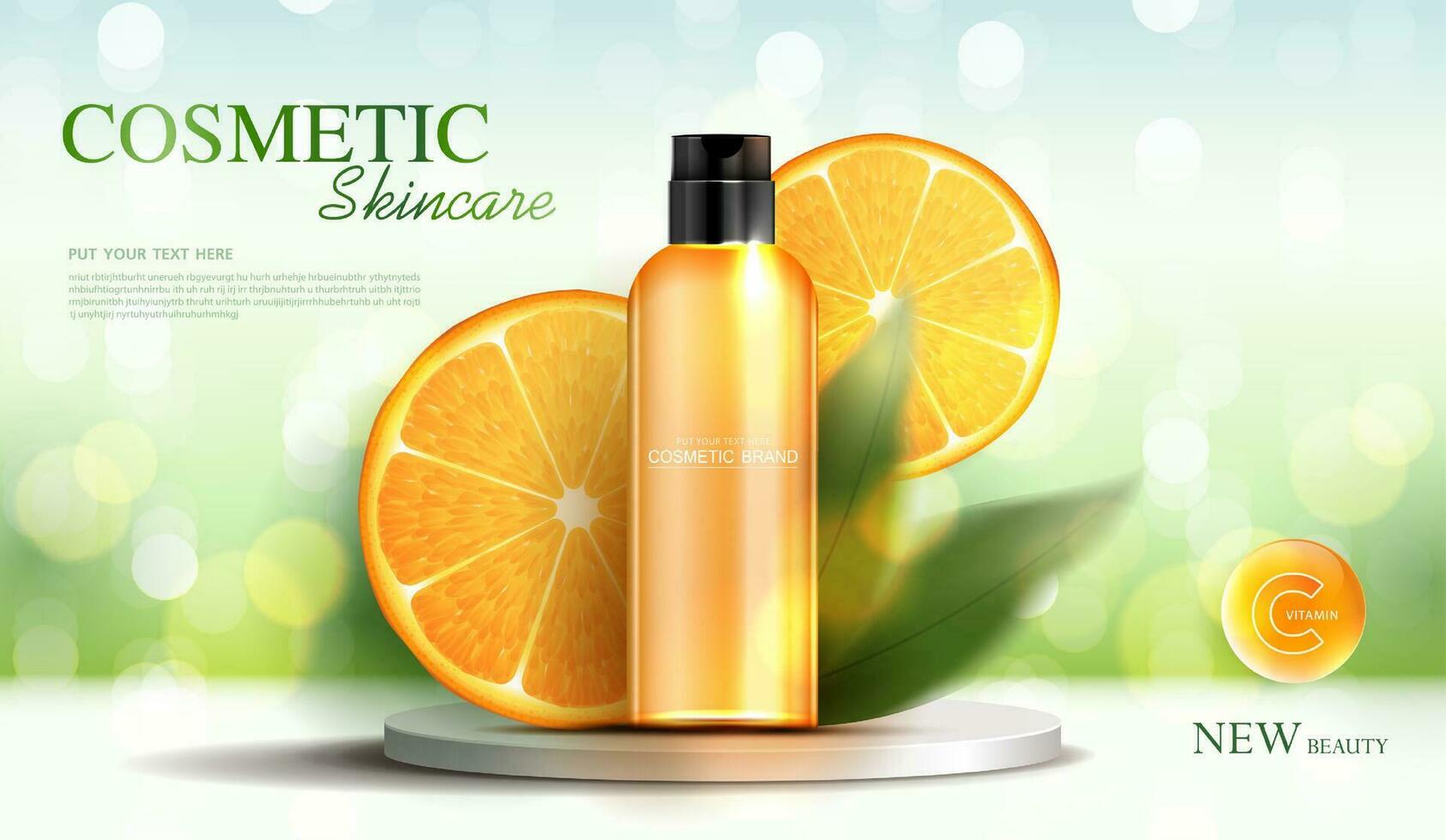 productos cosméticos vitamina C o piel cuidado producto anuncios con botella, realista paquete Bosquejo. bandera anuncio para belleza productos y naranja antecedentes. vector diseño.