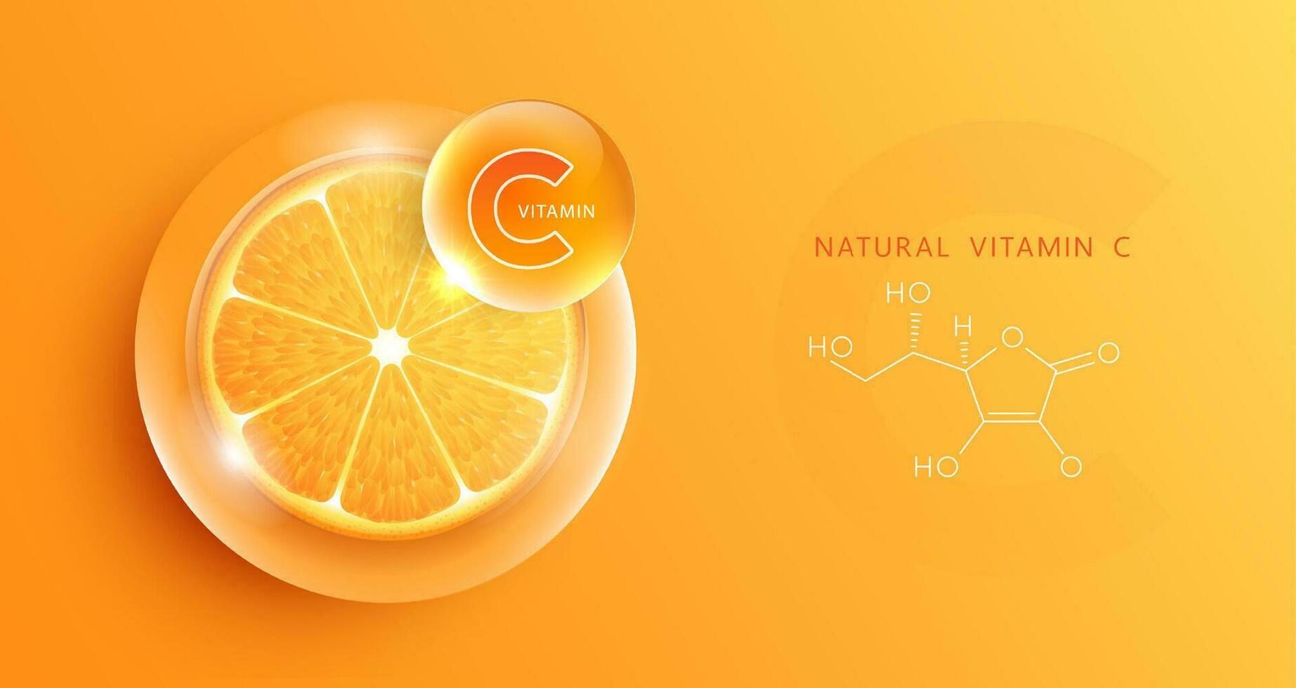 soltar agua vitamina C naranja y estructura. vitamina solución complejo con químico fórmula desde naturaleza. belleza tratamiento nutrición piel cuidado diseño. médico y científico conceptos para cosmético. vector