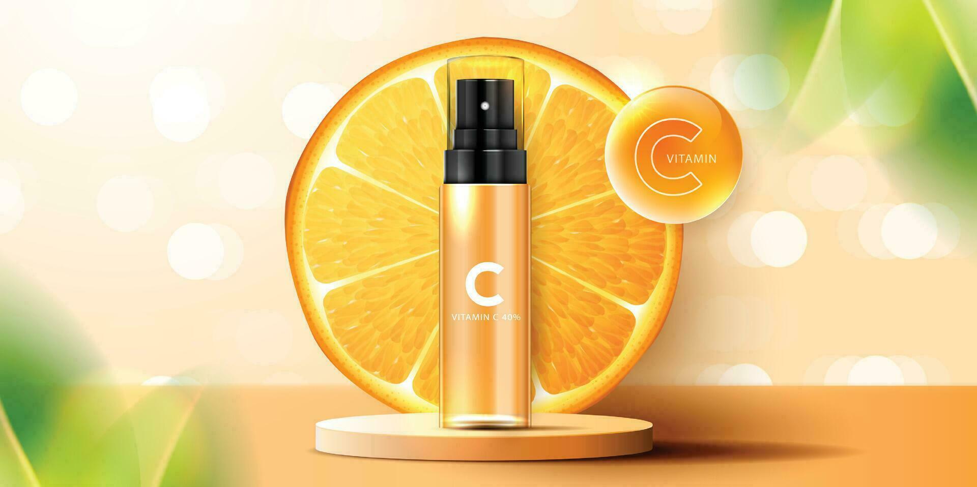 Cosmetics vitamin C or skin care product ads with bottle, realistic package mockup. banner ad for beauty products and orange background. vector design.
