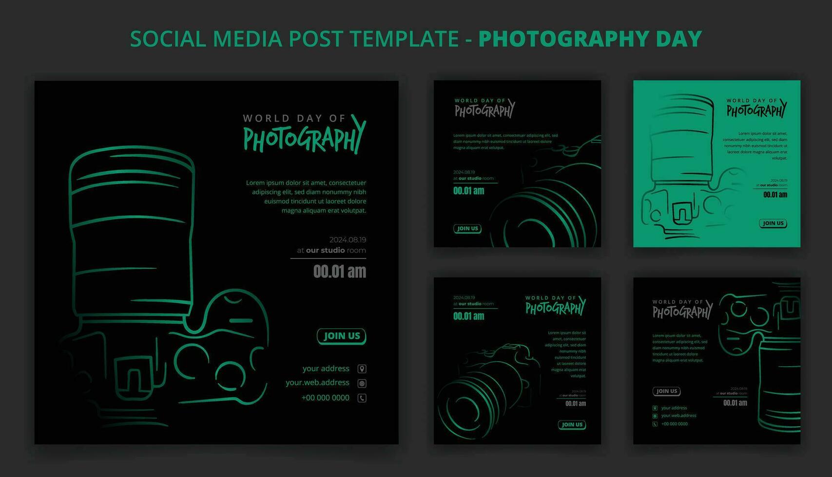 negro verde social medios de comunicación enviar modelo con línea Arte de cámara diseño para fotografía día Campaña vector