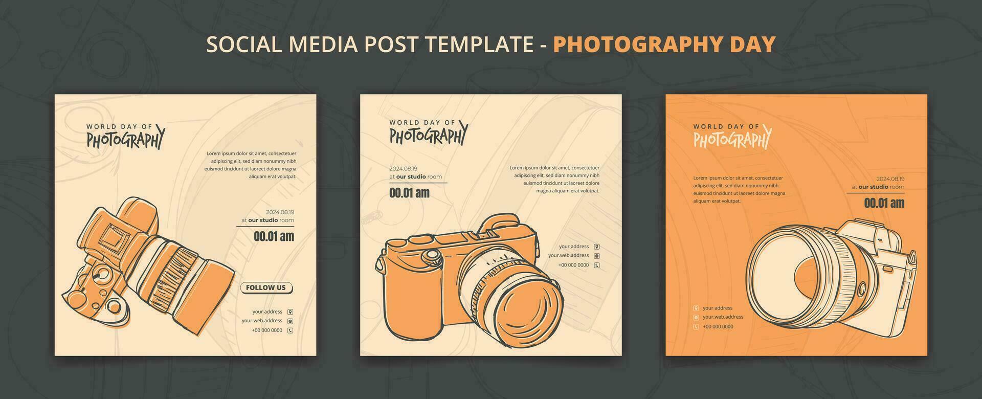 Social media post template with camera in hand drawn design for photography day campaign vector