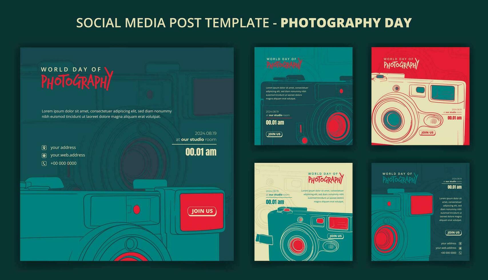 Social media template in green background with pocket camera design for photography day campaign vector