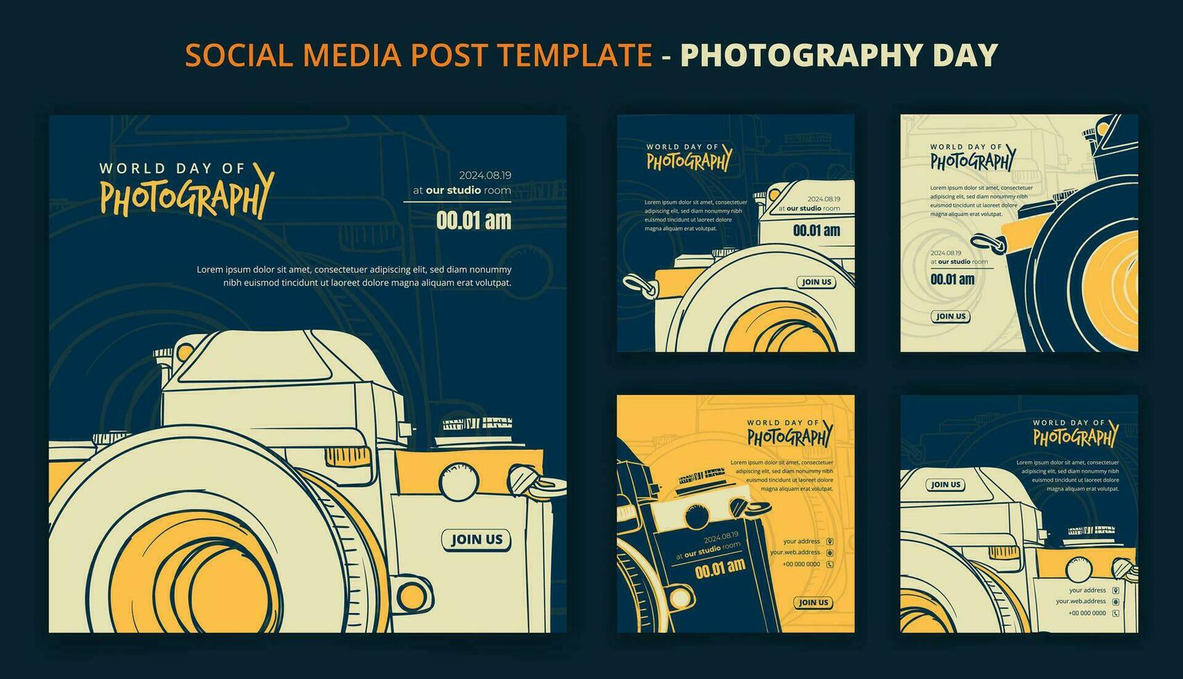 Set of social media post in blue background with flat camera design for world photography day vector