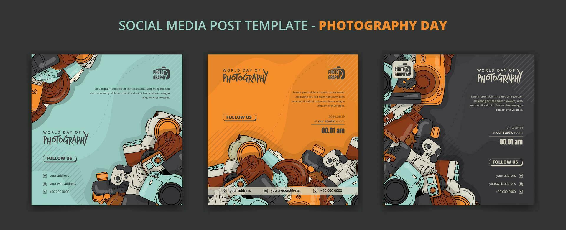 Set of social media post template for photography day campaign with background of cameras doodle art vector